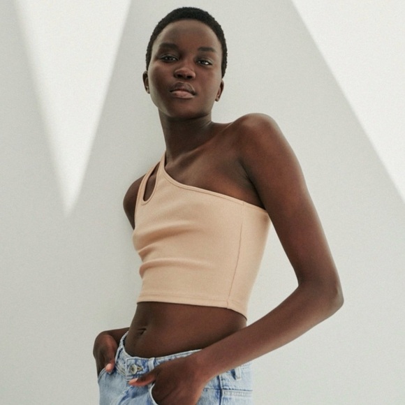 Zara Cream One-Shoulder Ribbed Tank Top - Picture 2 of 6